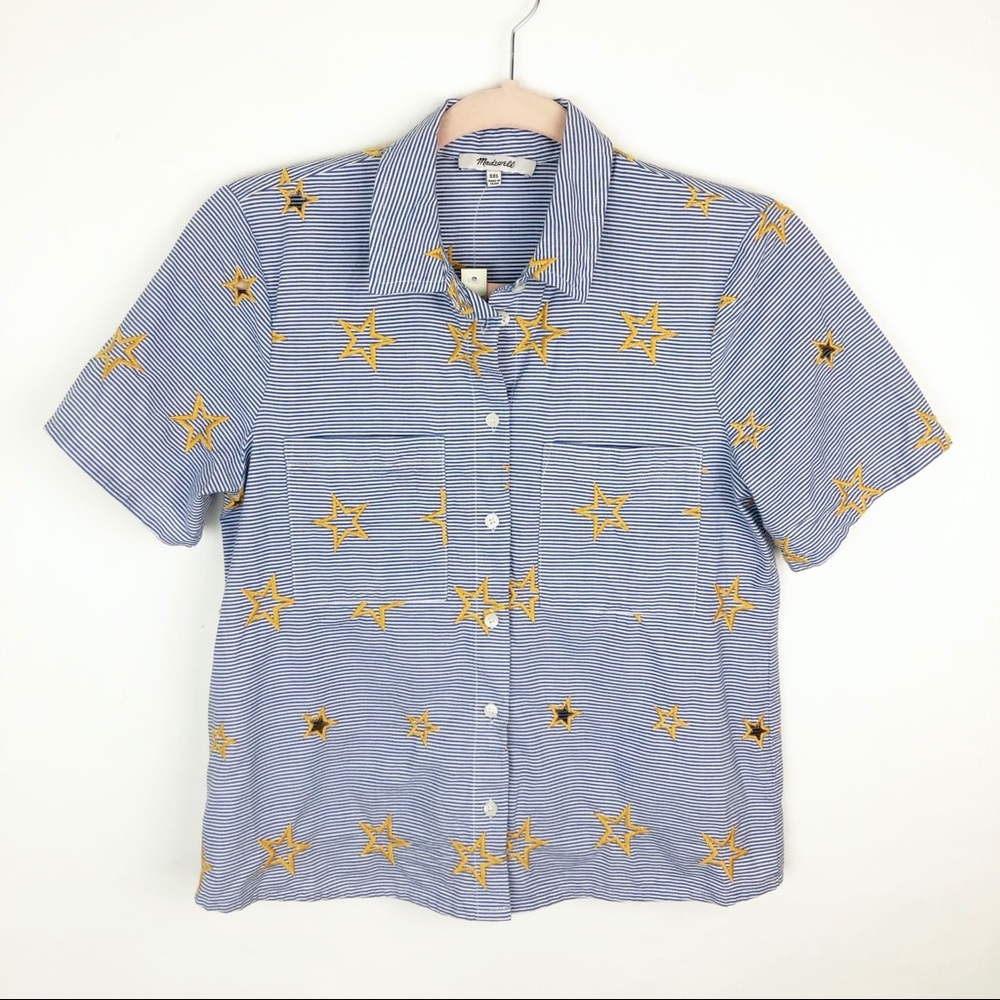 MADEWELL blue star cut navy stripe button down